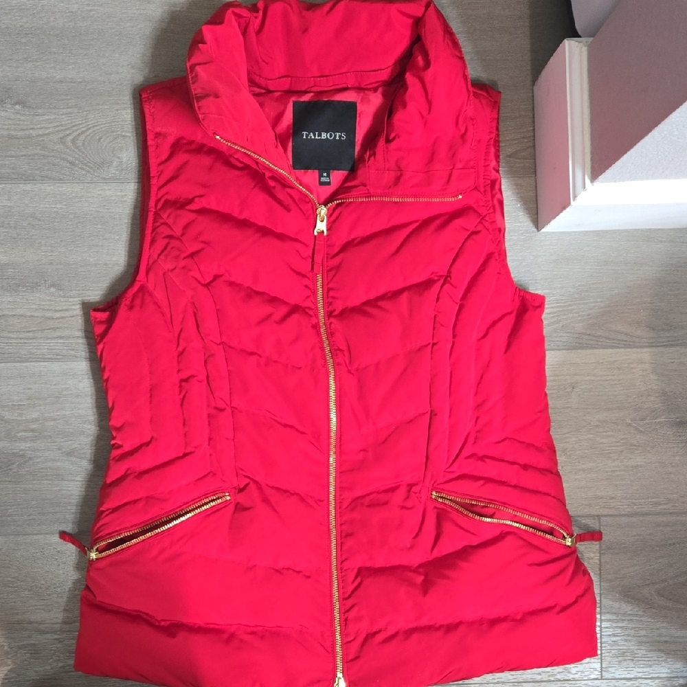 Talbots Vibrant Red Quilted Vest with Gold Accents